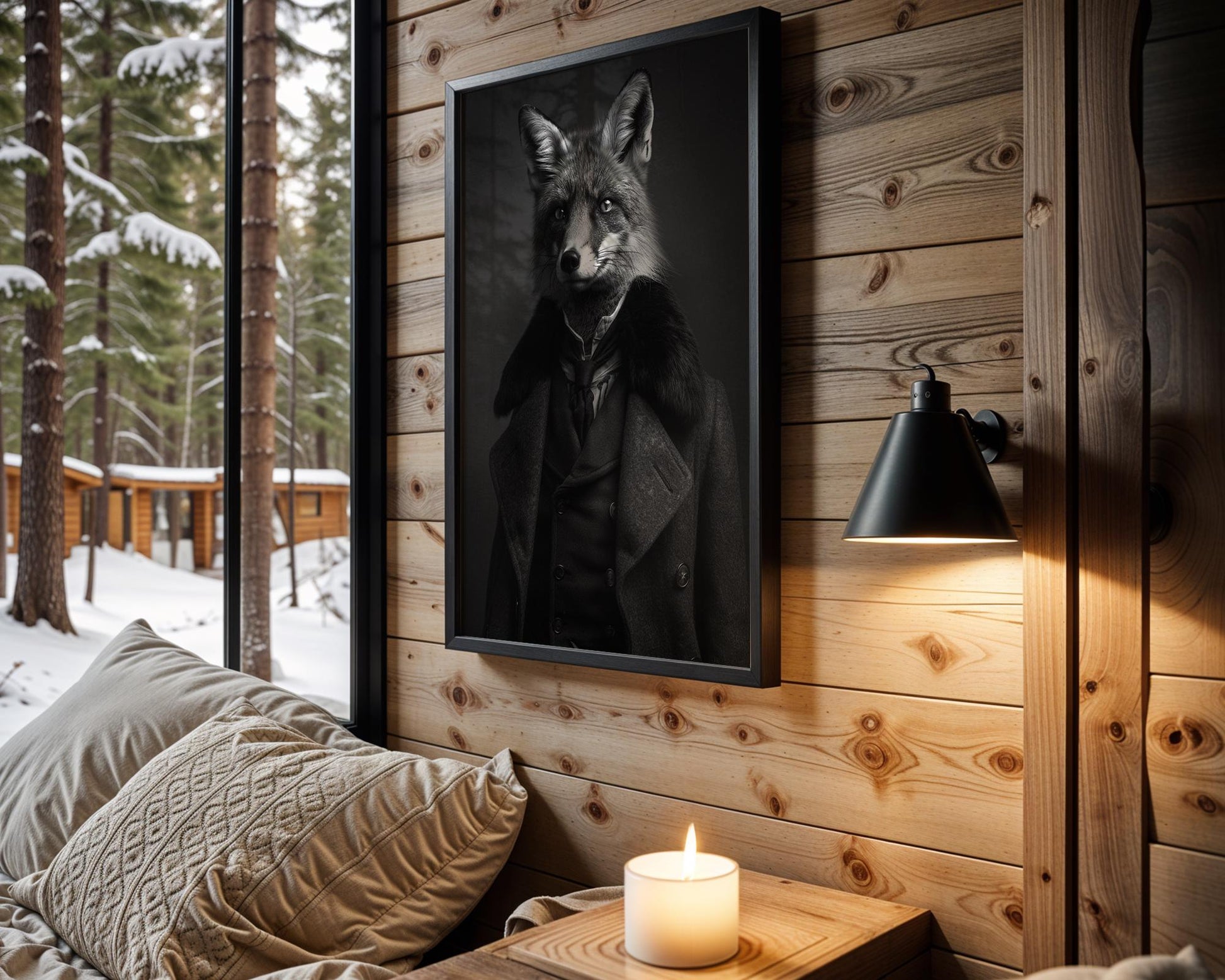 Designer Wall Art | Fox in Suit | Black and White Anthropomorphic Animal Portrait wall art print, minimalist black and white poster, modern Scandinavian wall decor, Monohaus