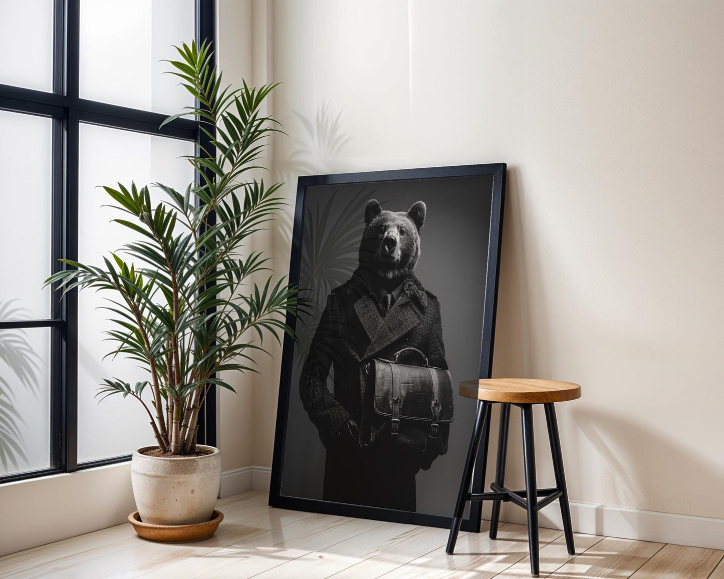 Dog Photography Bear in Suit Print | Black and White Animal Portrait, Modern Noir Art wall art print, minimalist black and white poster, modern Scandinavian wall decor, Monohaus