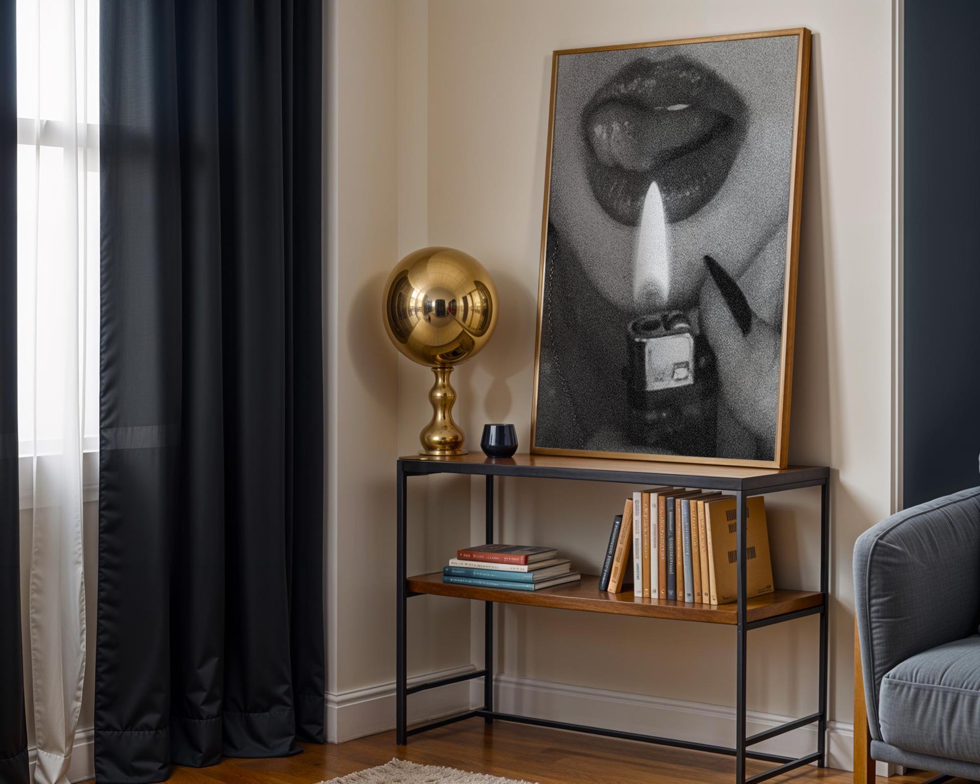 Designer Wall Art | Lips with Lighter Photography | Black and White Seductive wall art print, minimalist black and white poster, modern Scandinavian wall decor, Monohaus