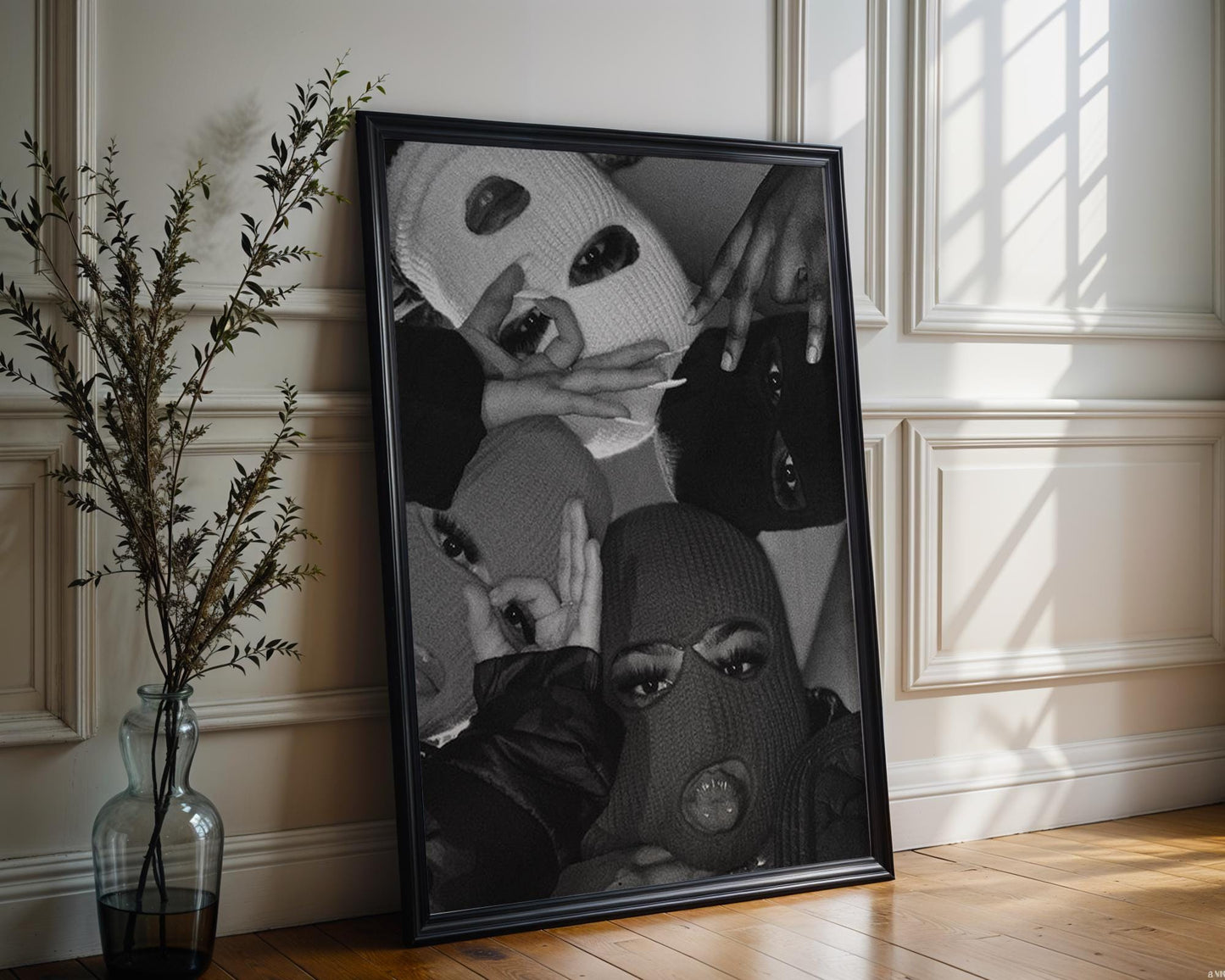 Designer Wall Art | Balaclava Girls Print | Edgy Black and White Fashion Poster wall art print, minimalist black and white poster, modern Scandinavian wall decor, Monohaus