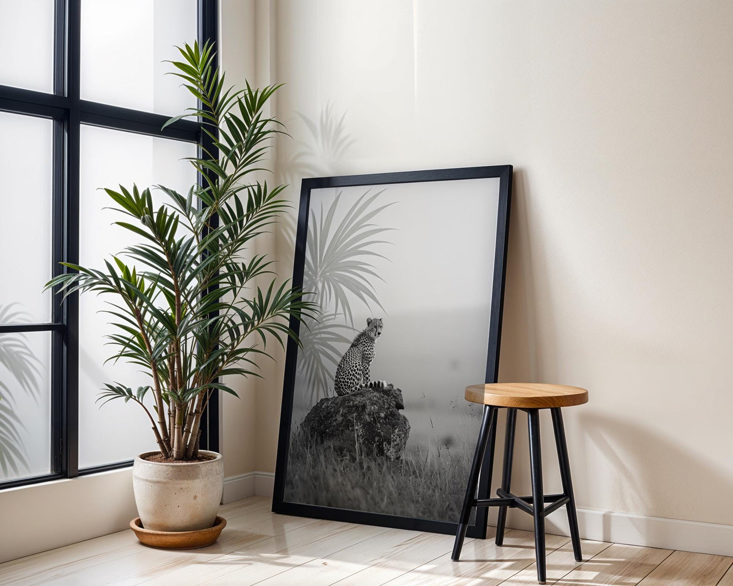 Wildlife Poster | Cheetah on Rock Print | Minimalist Safari Photography wall art print, minimalist black and white poster, modern Scandinavian wall decor, Monohaus