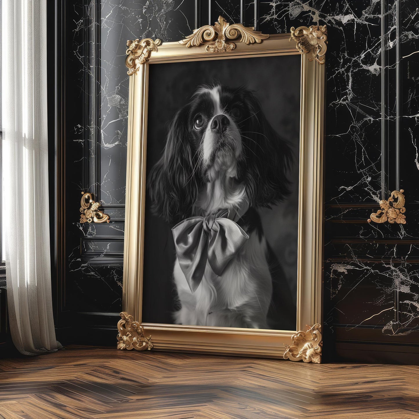 Dog Photography Black and White Cavalier Portrait | Bowtie Pet Art Print wall art print, minimalist black and white poster, modern Scandinavian wall decor, Monohaus