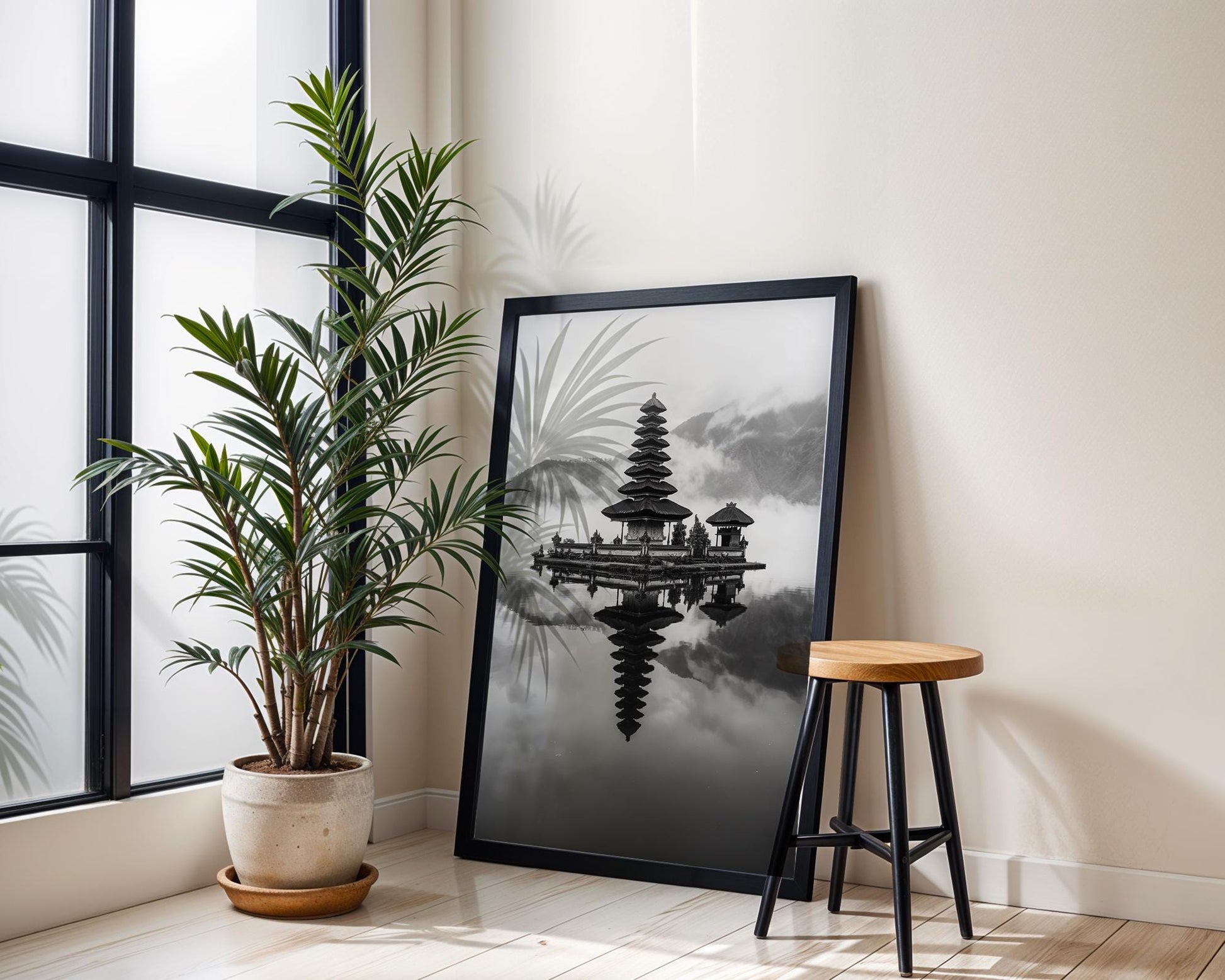 World Landmark | Ulun Danu Temple Bali Print | Black and White Asian Photography wall art print, minimalist black and white poster, modern Scandinavian wall decor, Monohaus