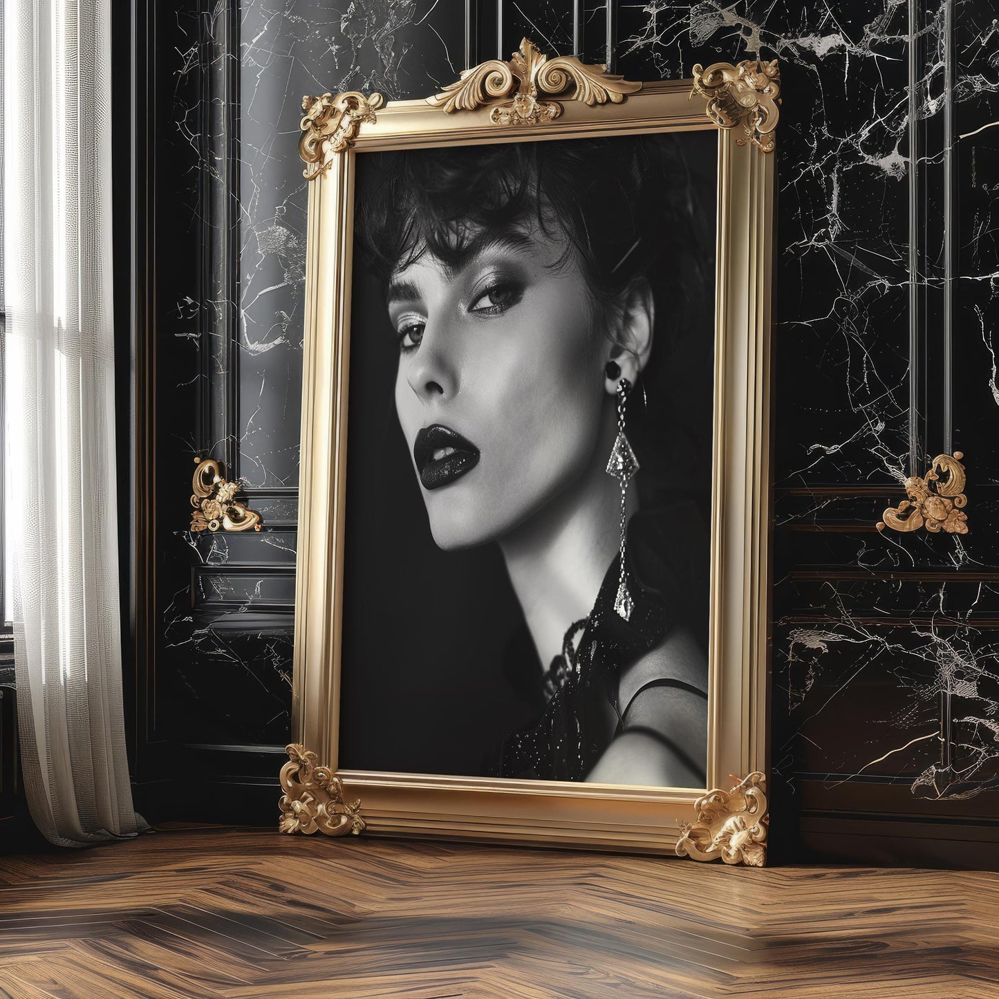 Minimal Wall Art Glamour Portrait Print | Sultry Woman, Glitter Lips, Black and White wall art print, minimalist black and white poster, modern Scandinavian wall decor, Monohaus