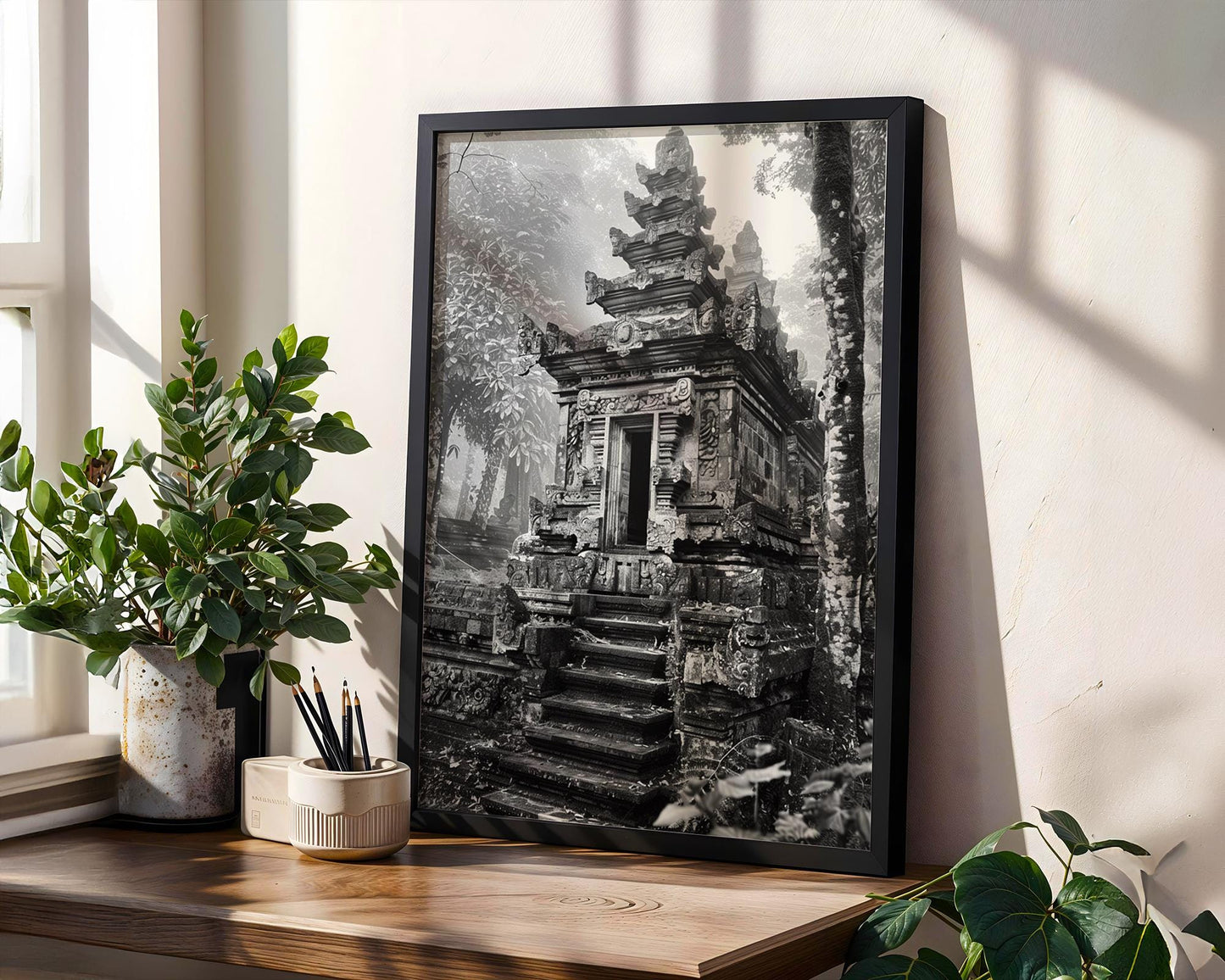 World Landmark | Balinese Temple Gate Photography Print | Black and White Ancient Architecture Wall Art