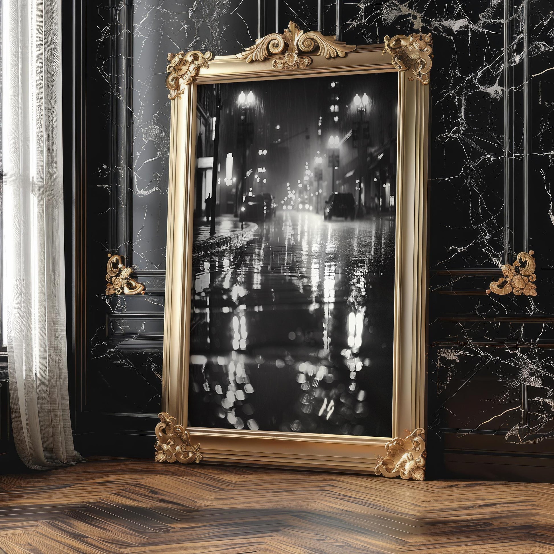 Urban Photography | Rainy City Street Print | Moody Black and White Bokeh Poster wall art print, black and white architectural poster, minimalist modern Scandinavian wall decor, Monohaus