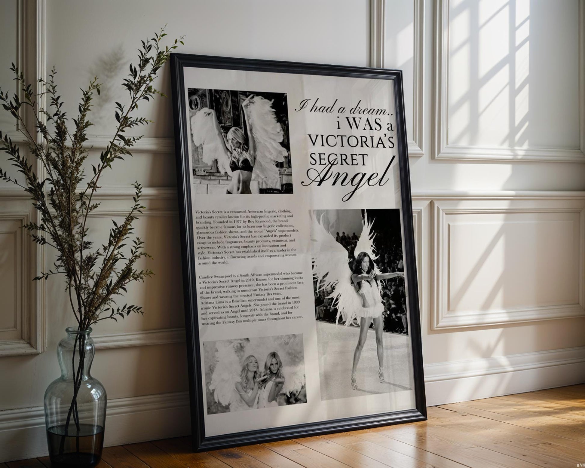 Designer Wall Art | Fashion Print Victoria’s Secret Angel Poster | Glamorous wall art print, minimalist black and white poster, modern Scandinavian wall decor, Monohaus