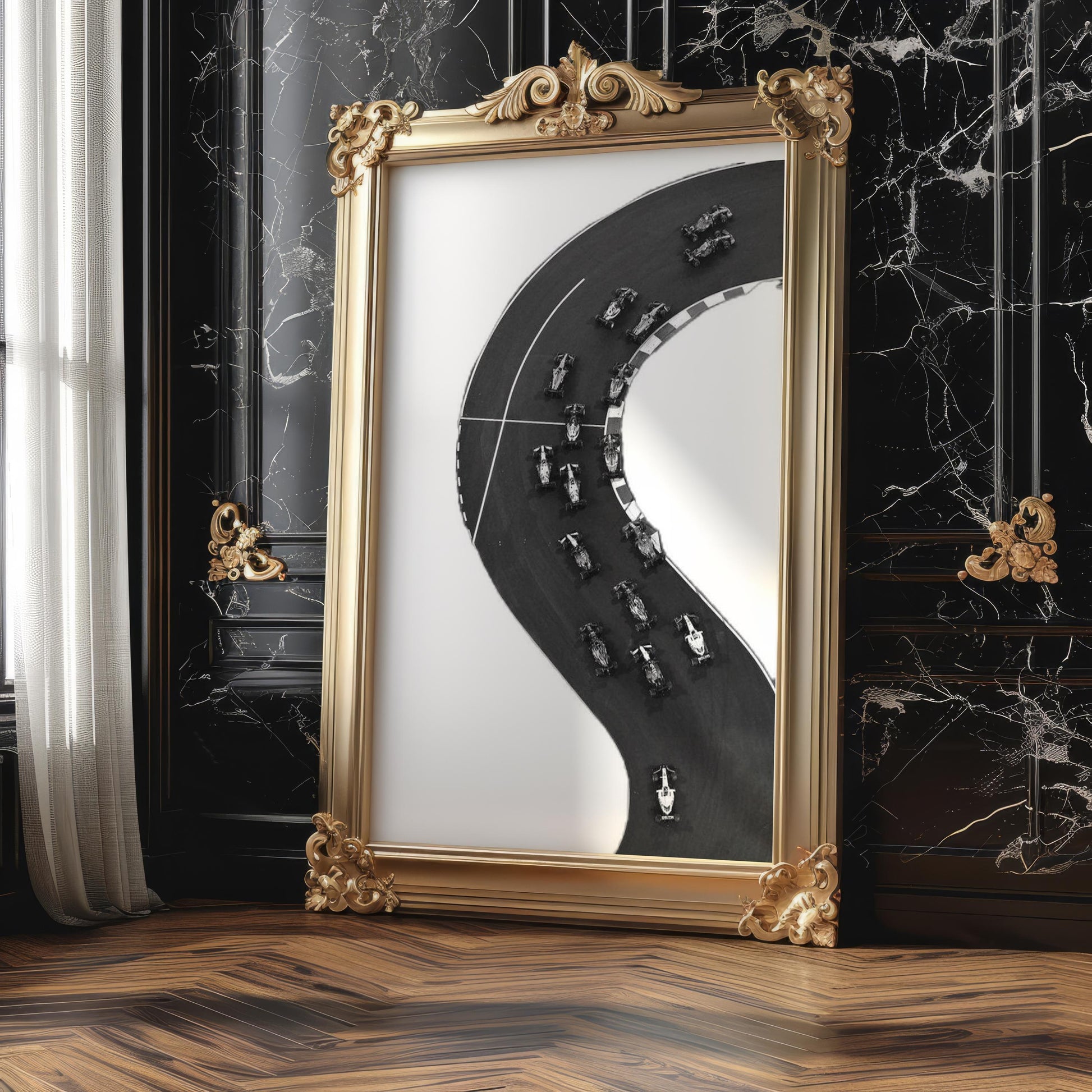Designer Wall Art | Formula One Track Print | Racing Photography | Motorsport wall art print, minimalist black and white poster, modern Scandinavian wall decor, Monohaus