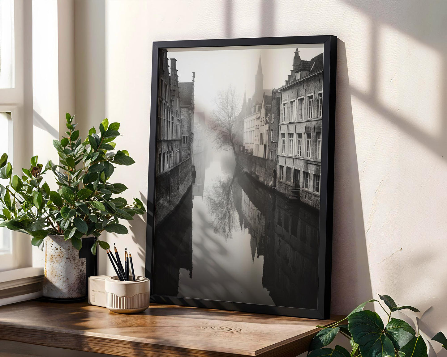 World Landmark | Bruges Canal Print | Black and White Belgium Architecture Photography wall art print, black and white architectural poster, minimalist modern Scandinavian wall decor, Monohaus