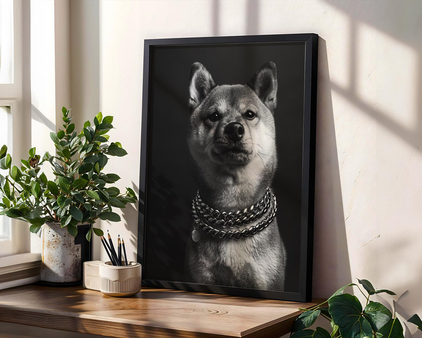 Dog Photography Shiba Inu Portrait Print | Black and White Pet with Chains wall art print, minimalist black and white poster, modern Scandinavian wall decor, Monohaus