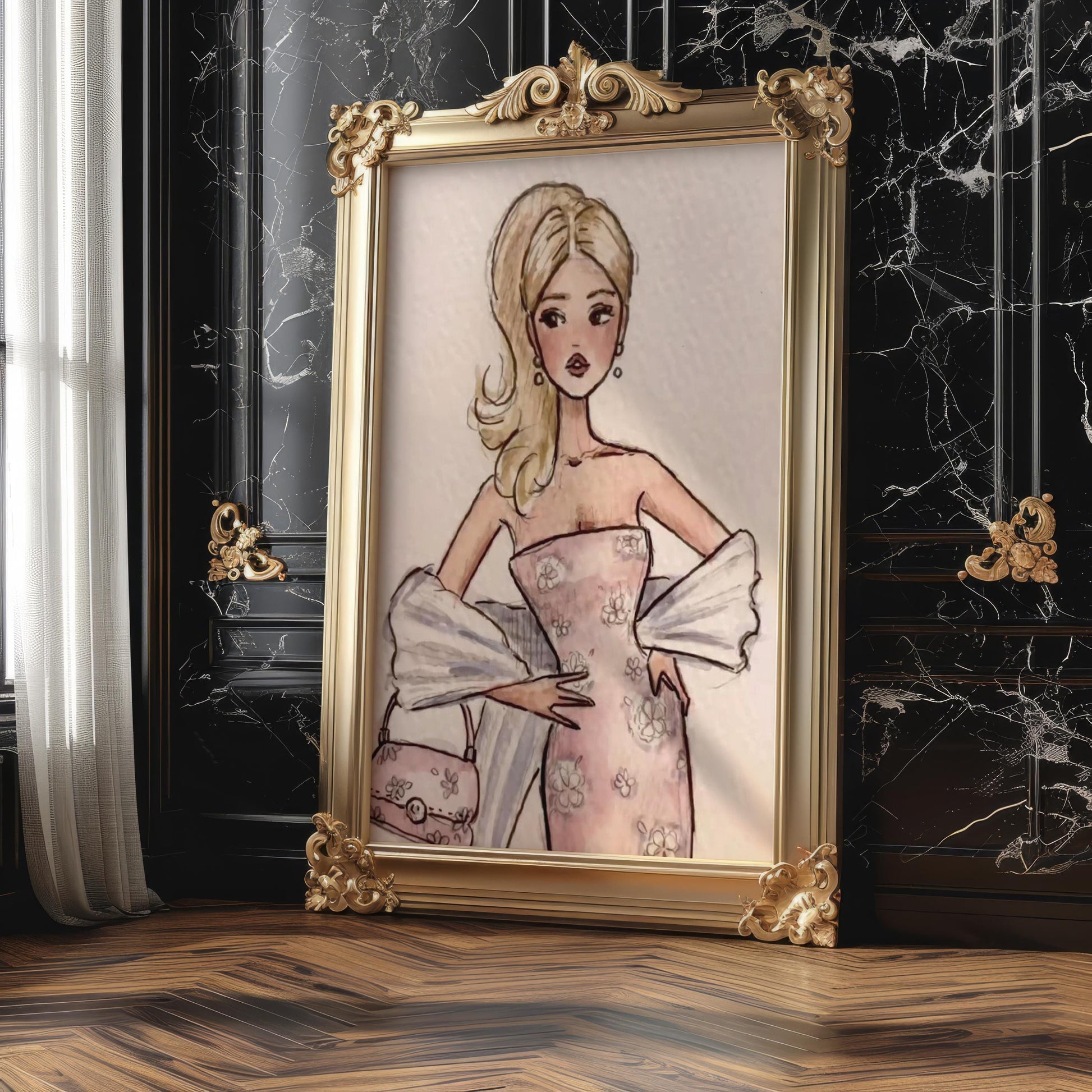 Designer Wall Art | Blonde Fashion Girl Print | Retro Pink Dress wall art print, minimalist black and white poster, modern Scandinavian wall decor, Monohaus