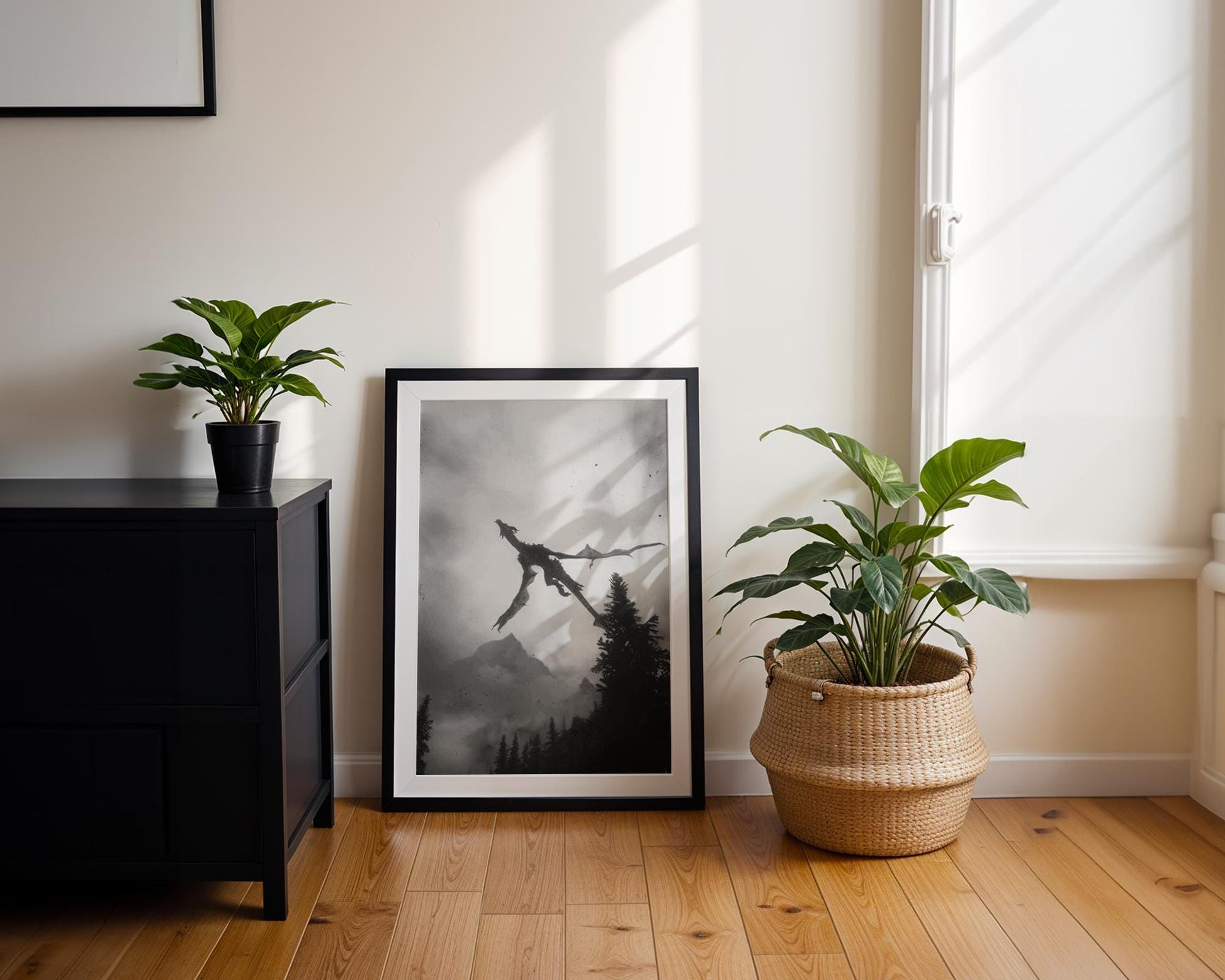 Designer Wall Art | Dragon Flying Print | Black & White Mountain Landscape Art wall art print, minimalist black and white poster, modern Scandinavian wall decor, Monohaus