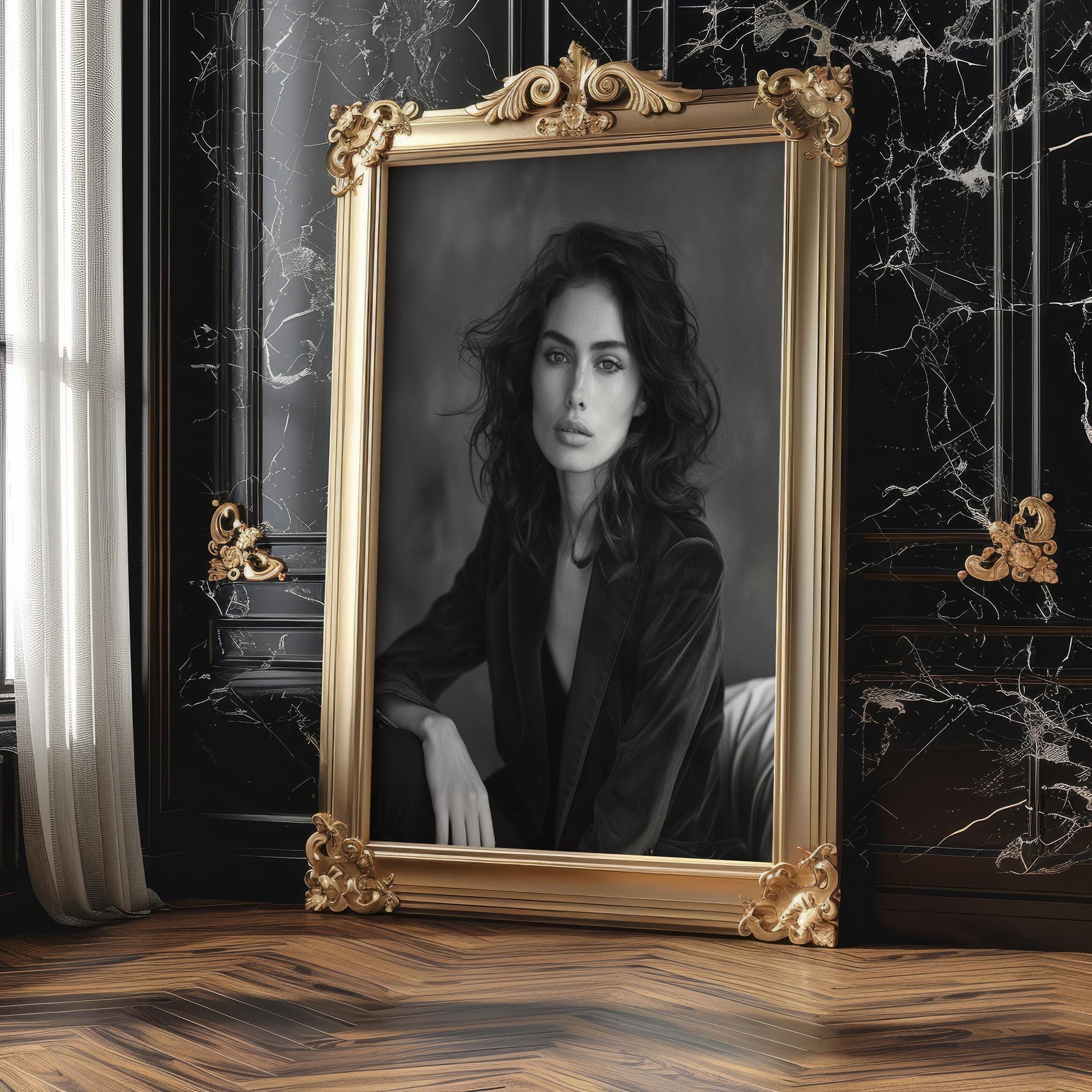 Minimal Wall Art Woman In Corduroy Blazer Portrait | Moody Dark Beauty Art wall art print, minimalist black and white poster, modern Scandinavian wall decor, Monohaus