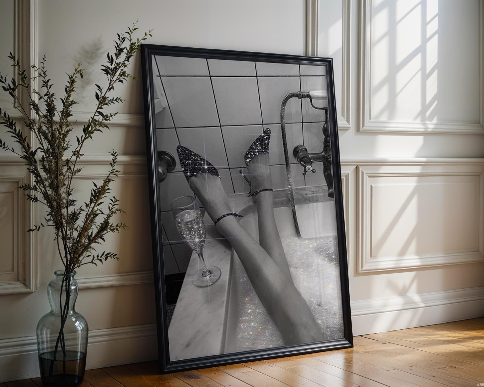 Designer Wall Art | Sparkle Heels Bath Print | Glam Monochrome Photography wall art print, minimalist black and white poster, modern Scandinavian wall decor, Monohaus